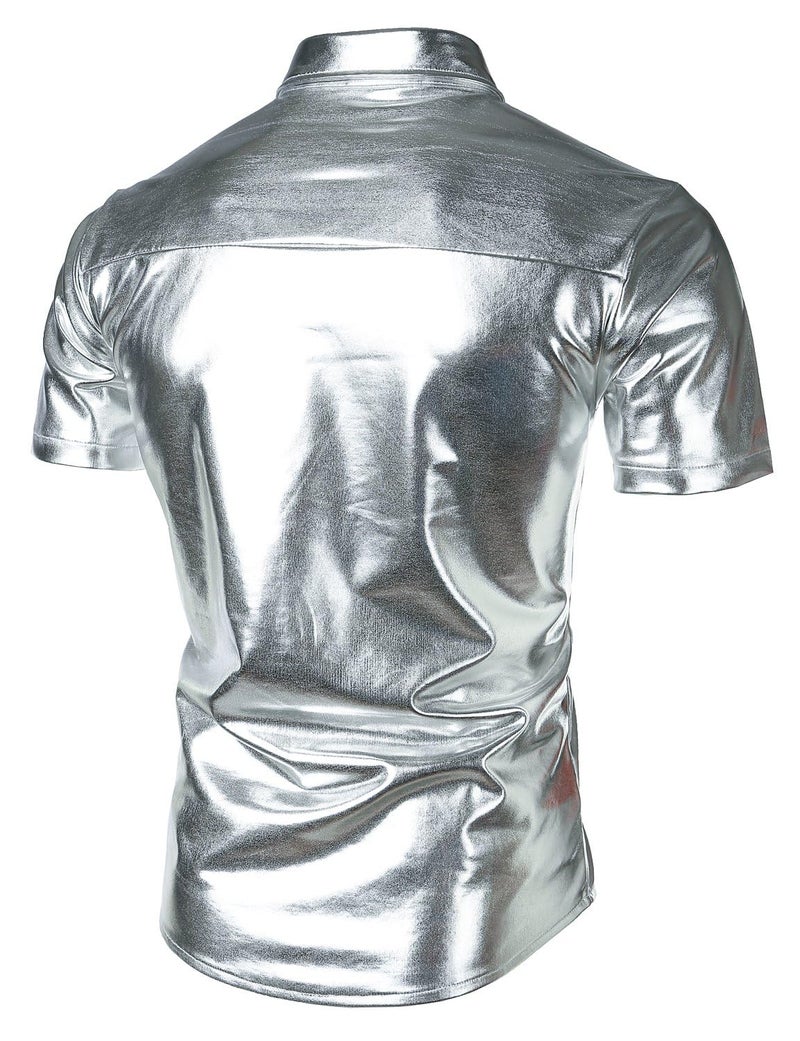JOGAL Men's 70s Disco Shiny Metallic Gold Silver Short Sleeve Button Down Shirts Medium Silver - Image 3